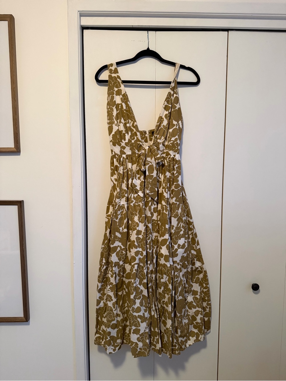 Aakaa Olive & White Floral Tie-Front Midi Dress